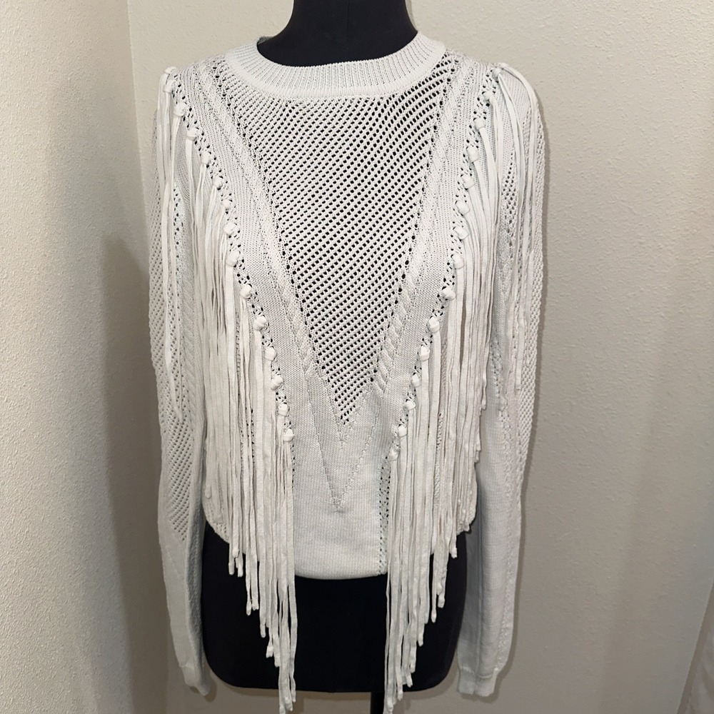Aqua NWT White Fringe Knit Sweater Boho Open Knit Size‎ S Crew Neck